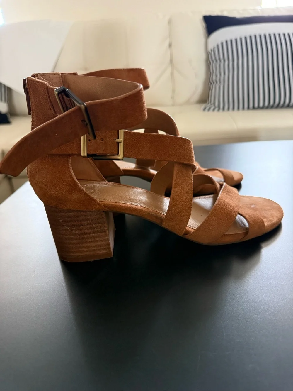 Gianni Bini Cognac Suede Crisscross Ankle-Strap Block Heel Sandals